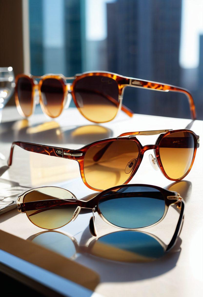 A glamorous display of Cazal shades and premium sunglasses arranged artistically on a sleek, modern table. Include reflections of sunlight creating playful patterns, and a backdrop of a chic urban environment. Showcase diverse stylish individuals wearing the sunglasses exuding confidence and elegance. Soft focus on the sunglasses to highlight details and textures. vibrant colors. super-realistic. urban style.