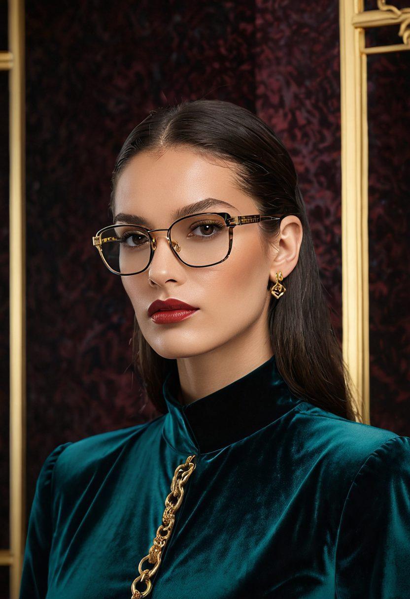 A stylish display of Cazal frames showcasing intricate designer details, set against a luxurious backdrop of velvet and gold accents, with a soft spotlight highlighting the frames' elegance. Include a model wearing a pair of frames, exuding confidence and sophistication. Subtle reflections on the surface to enhance the luxury feel. super-realistic. vibrant colors. luxurious atmosphere.
